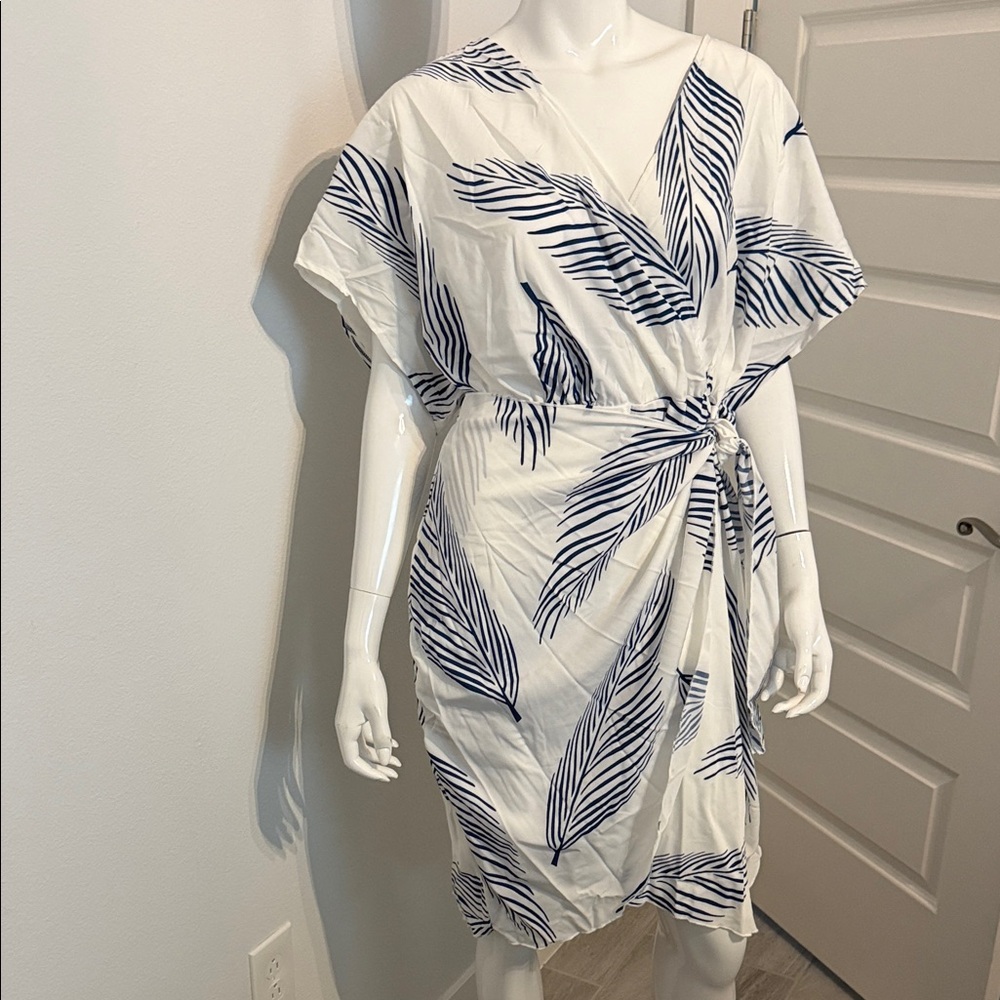 White and Blue Leaf Print Dress cross the